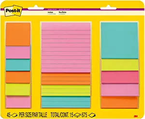 Photo 1 of Post-it Super Sticky Notes, Assorted Sizes, 15 Pads, 2x the Sticking Power, Miami Collection, Neon Colors (Orange, Pink, Blue, Green), Recyclable (4423-15SSMIA)
