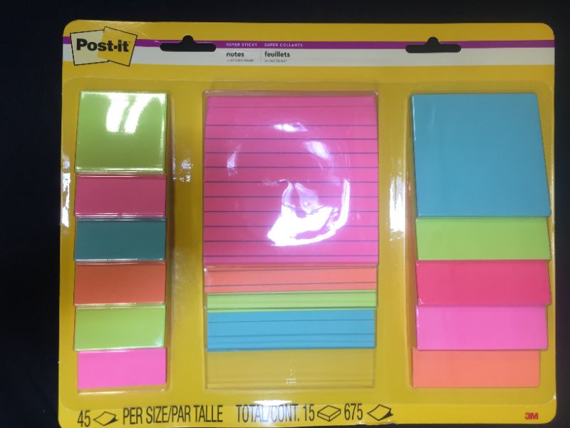 Photo 1 of Post-it Super Sticky Notes, Assorted Sizes, 15 Pads, 2x the Sticking Power, Miami Collection, Neon Colors (Orange, Pink, Blue, Green), Recyclable (4423-15SSMIA)
