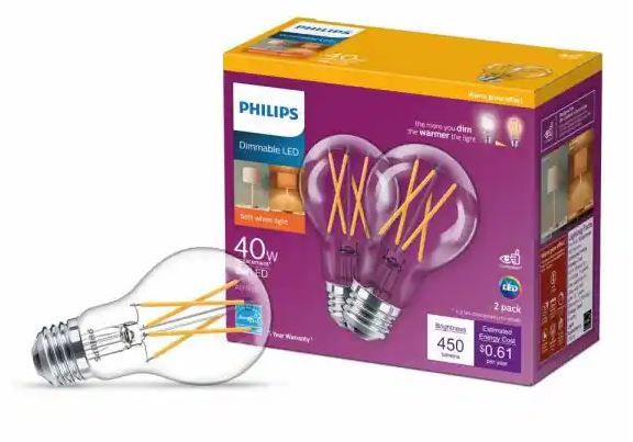 Photo 1 of 40-Watt Equivalent A19 Dimmable with Warm Glow Dimming Effect Clear Glass LED Light Bulb Soft White (2700K) (2-Pack)
