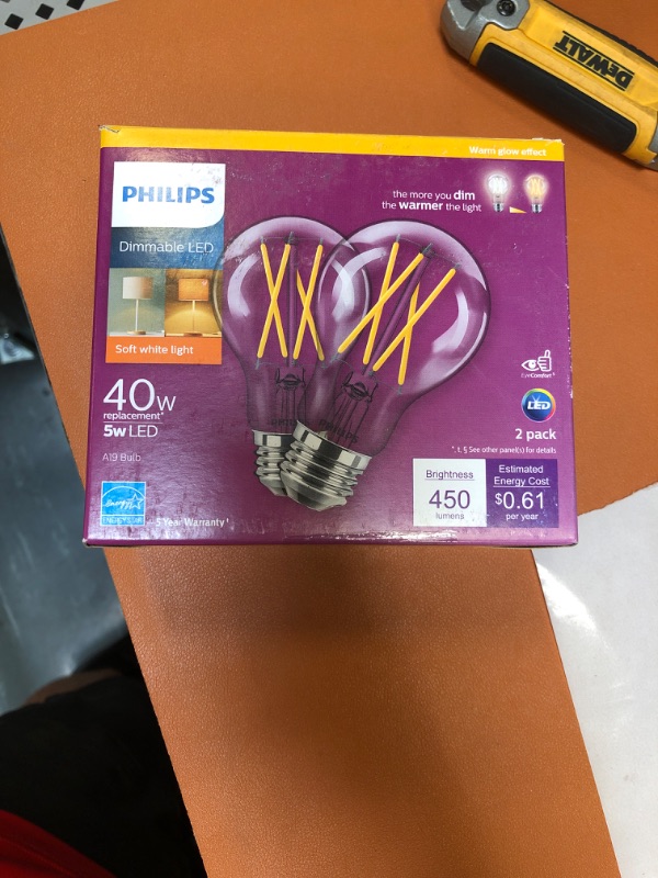 Photo 2 of 40-Watt Equivalent A19 Dimmable with Warm Glow Dimming Effect Clear Glass LED Light Bulb Soft White (2700K) (2-Pack)
