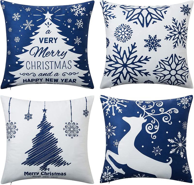 Photo 1 of NANAN Christmas Pillow Covers 18X18 Inch Navy Blue Christmas Pillow Cases Snowflake Merry Christmas Holiday Pillowcases Xmas Trees Elk Deer Decorative Cushion Covers for Party Sofa Couch Set of 4
