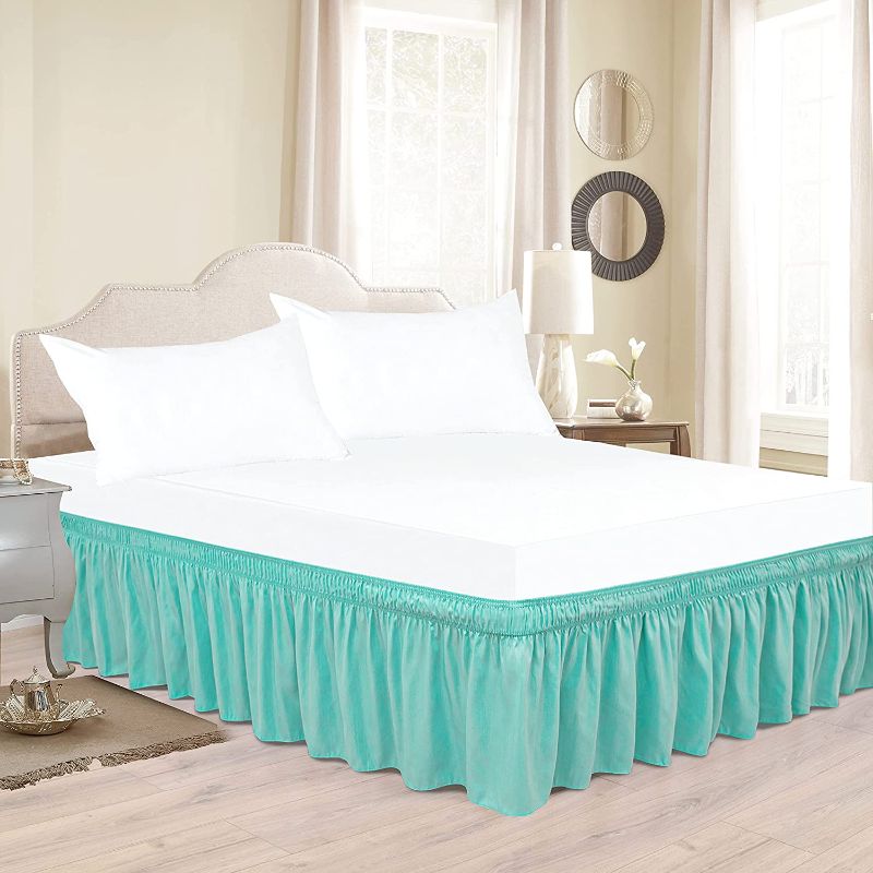 Photo 2 of Biscaynebay Wrap Around Bed Skirts for Full & Full XL Beds 25 Inches Drop, Aqua Elastic Dust Ruffles Easy Fit Wrinkle and Fade Resistant Silky Luxurious Fabric Solid Machine Washable
