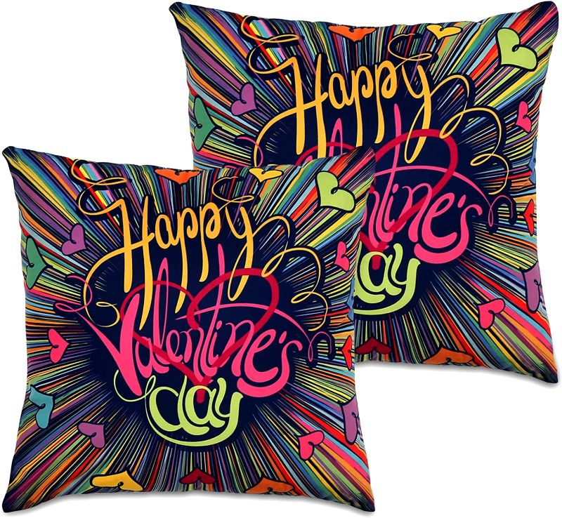 Photo 2 of Valentines Day Pillow Covers 18x18 Inch Set of 2 Pack Short Plush Decor Case for Home Sofa Couch Decorations Love Heart Rainbow Valentines Day Pillows Decorative Throw Pillows Decorations
