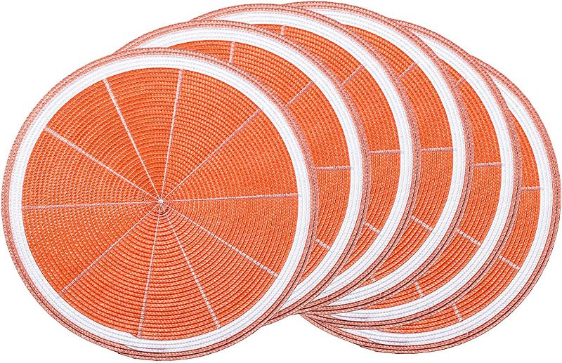 Photo 3 of AHHFSMEI Round Braided Placemats Set of 6 Table Mats for Dining Tables Non Slip Heat Resistant Washable Place Mats 15 Inch (Orange E)
