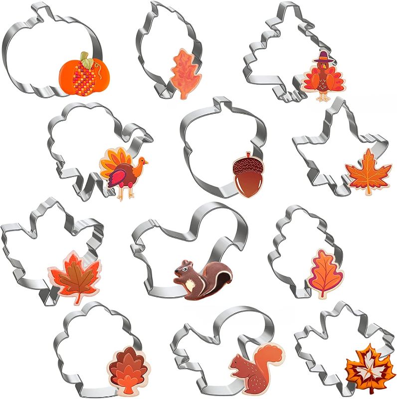 Photo 2 of 12 Pcs Thanksgiving Cookie Cutters Set, Metal Holiday Pumpkin Cookie Cutters, Fall Cookie Cutters with Pumpkin, Maple Leaf, Oak Leaf, Acorn, Turkey, Squirrel
