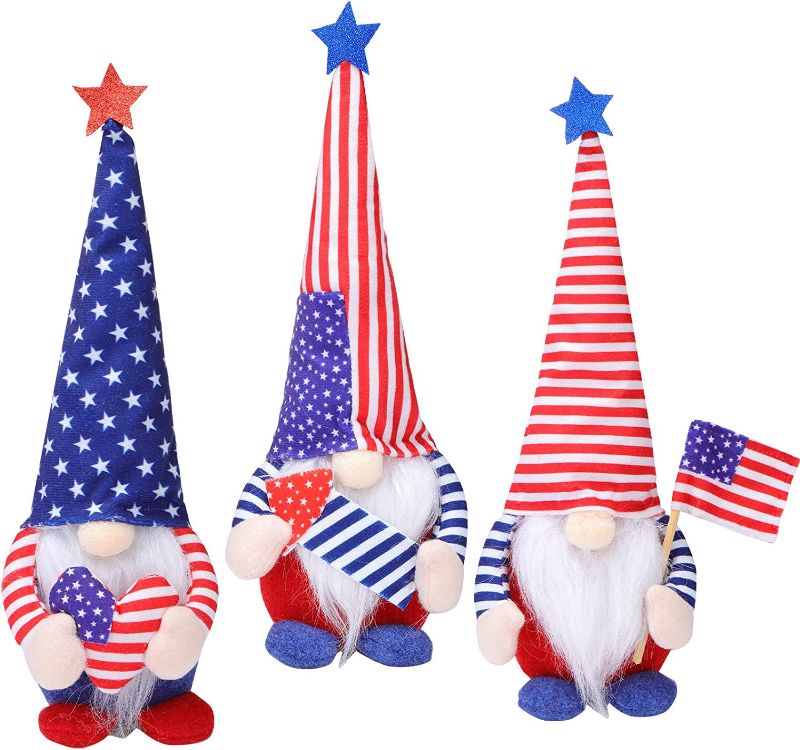 Photo 2 of Charniol 3 Pieces Patriotic Gnome Plush Decoration Independence Day Gnome Standing Figurine for 4th of July Handmade Tomte Standing Figurine Decor
