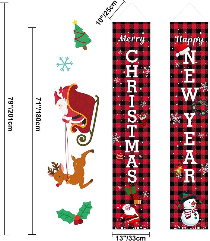 Photo 1 of Attmu Merry Christmas Banner Buffalo Plaid, Red Christmas Porch Decorations, Christmas Outdoor Decorations Porch Sign for Front Door Home Outdoor Indoor Wall Hanging Christmas Yard Signs, 71"x13"
