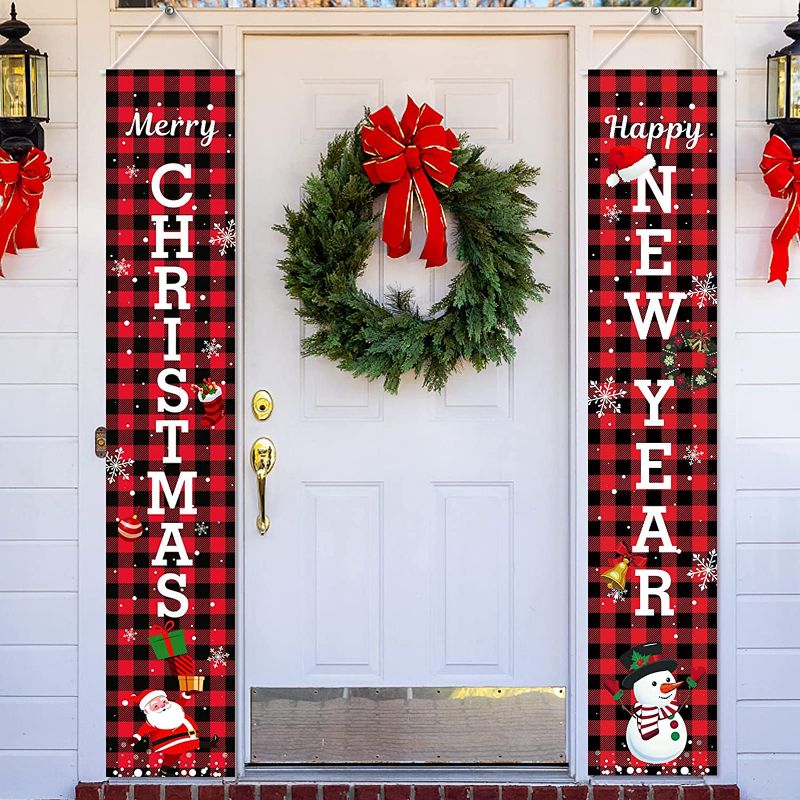Photo 1 of Attmu Merry Christmas Banner Buffalo Plaid, Red Christmas Porch Decorations, Christmas Outdoor Decorations Porch Sign for Front Door Home Outdoor Indoor Wall Hanging Christmas Yard Signs, 71"x13"
