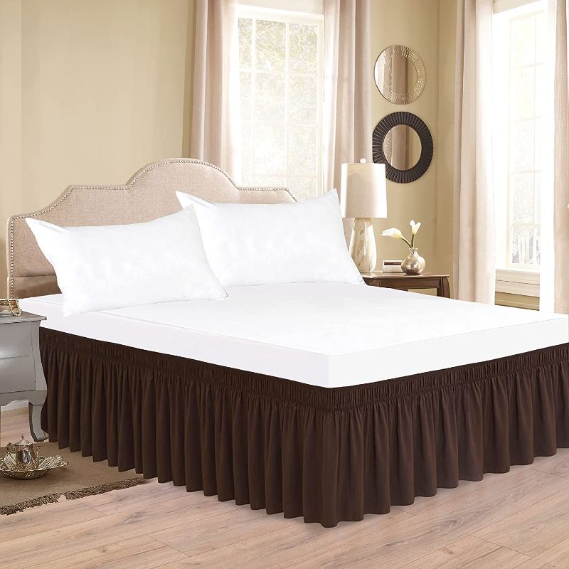 Photo 1 of Biscaynebay Wrap Around Bed Skirts for Full & Full XL Beds 25 Inches Drop, Brown Elastic Dust Ruffles Easy Fit Wrinkle and Fade Resistant Silky Luxurious Fabric Solid Machine Washable
