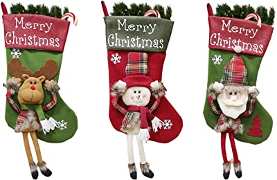 Photo 1 of Al Faro Home Christmas Stocking Santa, Snowman, Reindeer, Xmas Character, Decorations for Fireplace, Stairs and Holiday Tree, Kids Christmas Stockings Set of 3, Ivory, Burgundy, Green
