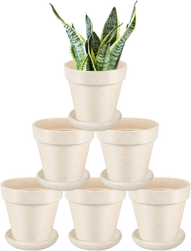Photo 2 of 6 Inch Middle Off White Plastic Plant Pots - 6 Pcs Heavy Duty Plastic Flower Planter Pots with Drainage Hole and Saucers Perfect for Indoor Outdoor Plant Succulent
