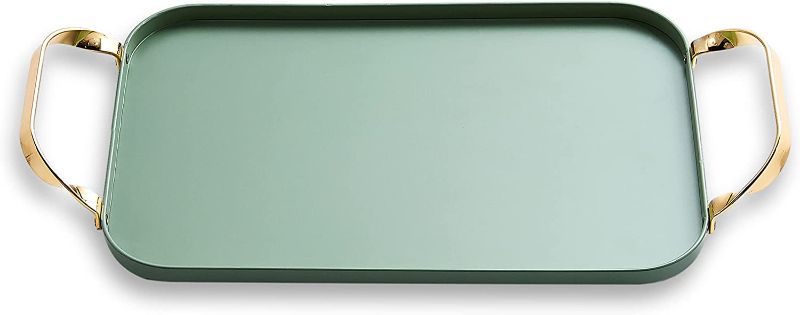 Photo 1 of BLUE GINKGO Decorative Serving Tray - Metal Serving Tray with Handles, Decorative Trays for Coffee Table, Home Decor, Vanity, Jewerly, Perfume and Make up - Bar Liquor Display with Gold Accents -Green
