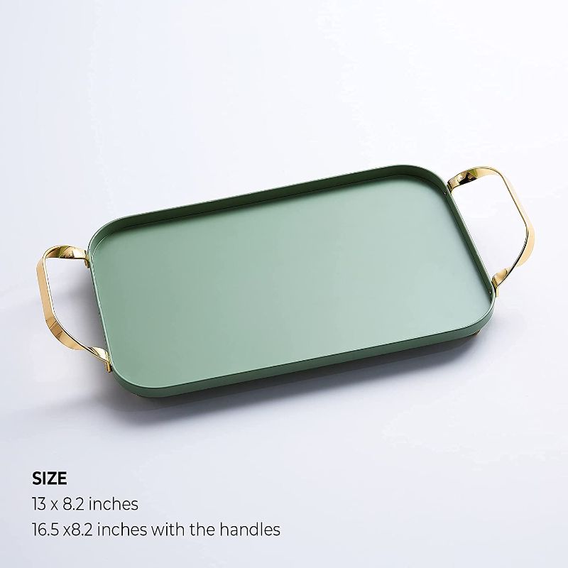 Photo 1 of BLUE GINKGO Decorative Serving Tray - Metal Serving Tray with Handles, Decorative Trays for Coffee Table, Home Decor, Vanity, Jewerly, Perfume and Make up - Bar Liquor Display with Gold Accents -Green
