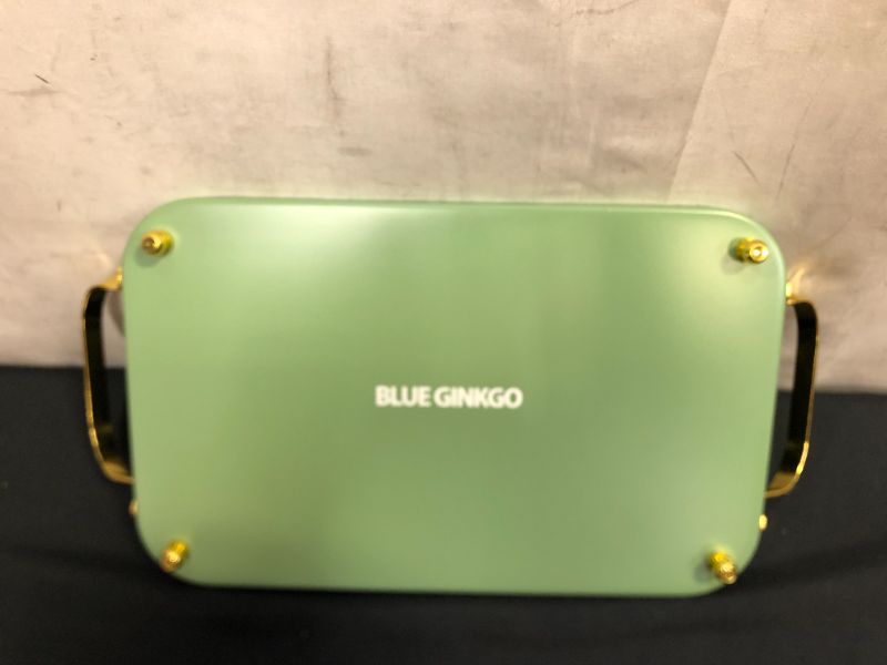 Photo 1 of BLUE GINKGO Decorative Serving Tray - Metal Serving Tray with Handles, Decorative Trays for Coffee Table, Home Decor, Vanity, Jewerly, Perfume and Make up - Bar Liquor Display with Gold Accents -Green
