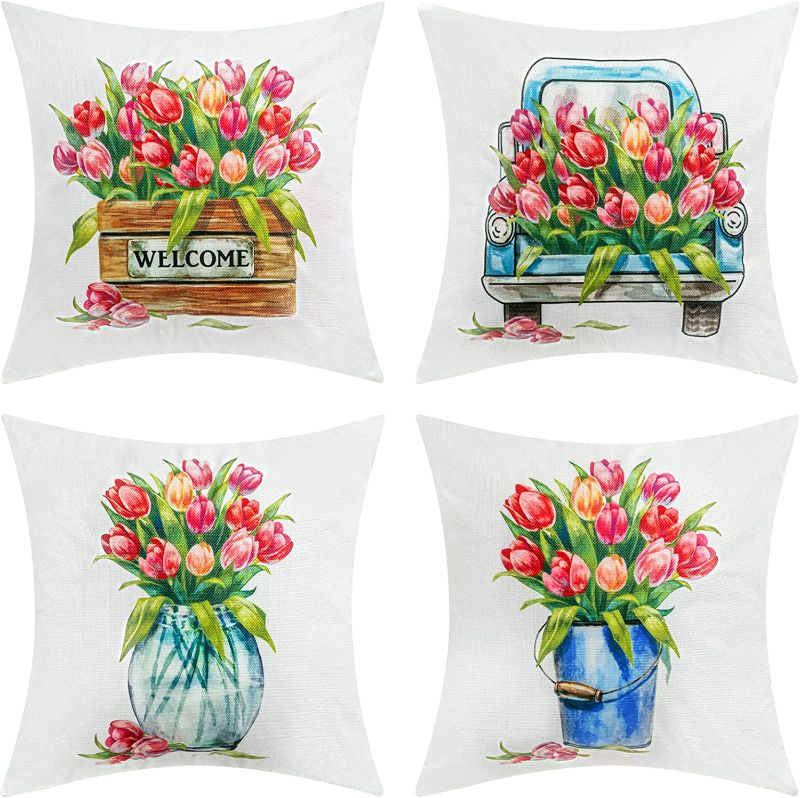 Photo 1 of ESTTOP Spring Pillow Covers 18×18, Farmhouse Spring Decorations, Vase, Flower and Truck Rustic Throw Pillow Covers, Spring Pillow Cases Home Decor
