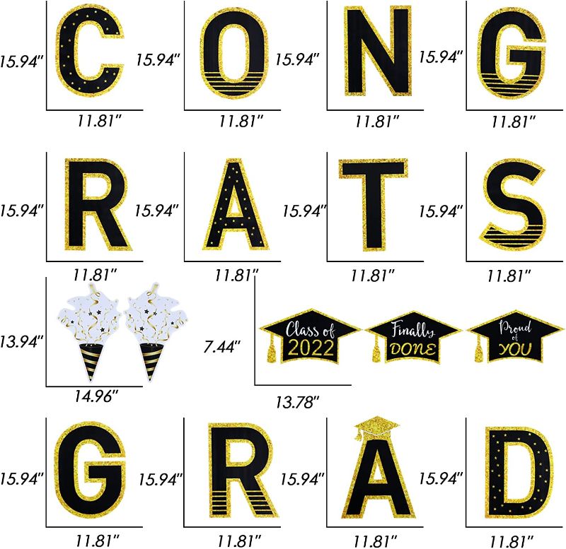 Photo 1 of 2022 Large Graduation Yard Signs with Stakes - 17PCS Black and Gold Congrats GRAD Class of 2022 Lawn Signs, Photo Props, Outdoor Party Congrats Graduation Decoration
