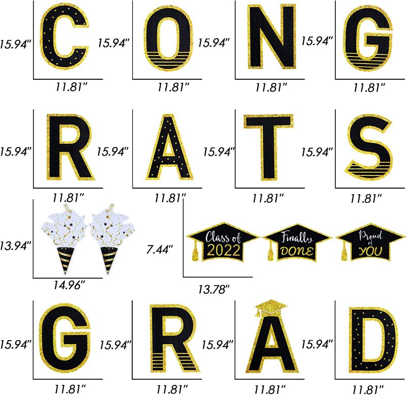 Photo 4 of 2022 Large Graduation Yard Signs with Stakes - 17PCS Black and Gold Congrats GRAD Class of 2022 Lawn Signs, Photo Props, Outdoor Party Congrats Graduation Decoration
