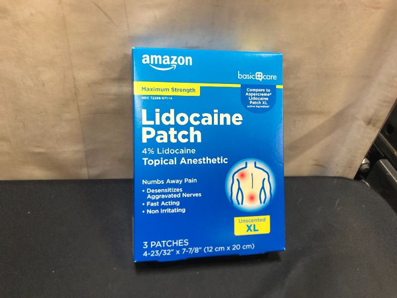 Photo 2 of Amazon Basic Care Lidocaine Patch, 4% Topical Anesthetic, 12 cm x 20 cm, Maximum Strength Pain Relief Patch, Fragrance Free, 3 Count
