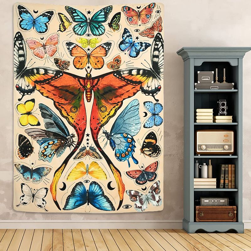 Photo 2 of Butterfly Tapestry Vintage Beige Tapestry Aesthetic Vertical Tapestry Colorful Butterfly Decor Moth Tapestry Wall Hanging for Room (51.2 × 59.1 inches)
