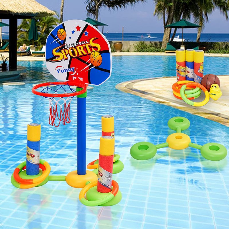 Photo 2 of Basketball Hoop Set, Floating Pool Toys Game Gifts for Kids Toddlers Indoor Outdoor Swimming Pool Ring Toss Game Water Gun with Balls and Hand Pump
