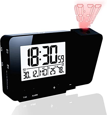 Photo 1 of Projection Alarm Clock, ALLOMN USB Charging Dual Alarms Clock with Snooze Function Projection Adjustable Large LCD Display Shows Temperature Humidity Monitor for Bedroom Heavy Sleepers (Black)
