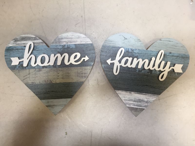 Photo 2 of 2 Pieces Rustic Wood Love Home Sign Valentines Day Heart Shaped Wooden Table Centerpiece Farmhouse Buffalo Plaid Family Sign for Home Living Room Kitchen Table Decoration (Simple Colors)
