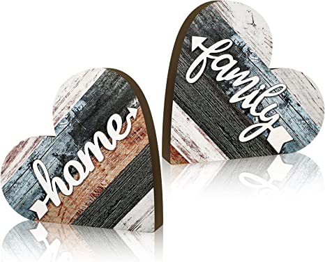 Photo 1 of 2 Pieces Rustic Wood Love Home Sign Valentines Day Heart Shaped Wooden Table Centerpiece Farmhouse Buffalo Plaid Family Sign for Home Living Room Kitchen Table Decoration (Simple Colors)
