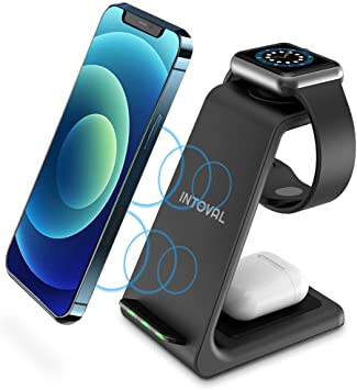 Photo 1 of Intoval Wireless Charging Station, 3 in 1 Charger for Apple iPhone/iWatch/Airpods,iPhone 13,12,11 (Pro, Pro Max)/XS/XR/XS/X/8(Plus),iWatch 7/6/SE/5/4/3/2,Airpods Pro/3gen (A3,Black)
