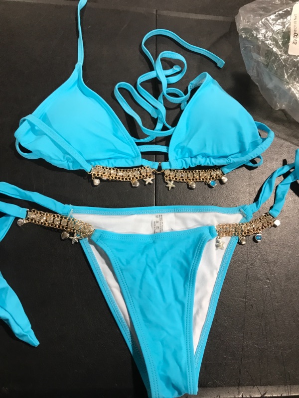 Photo 1 of 2 PIECE BLUE SWIMSUIT WITH GOLD ACCESSORY SIZE L 