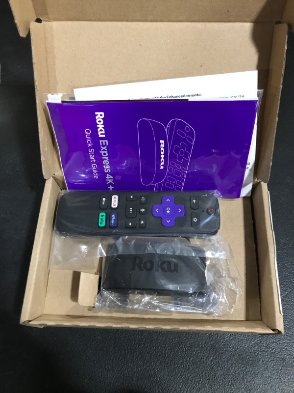 Photo 2 of Roku Express 4K+ 2021 | Streaming Media Player HD/4K/HDR with Smooth Wireless Streaming and Roku Voice Remote with TV Controls, Includes Premium HDMI Cable (Renewed)---BOX SEALED 
