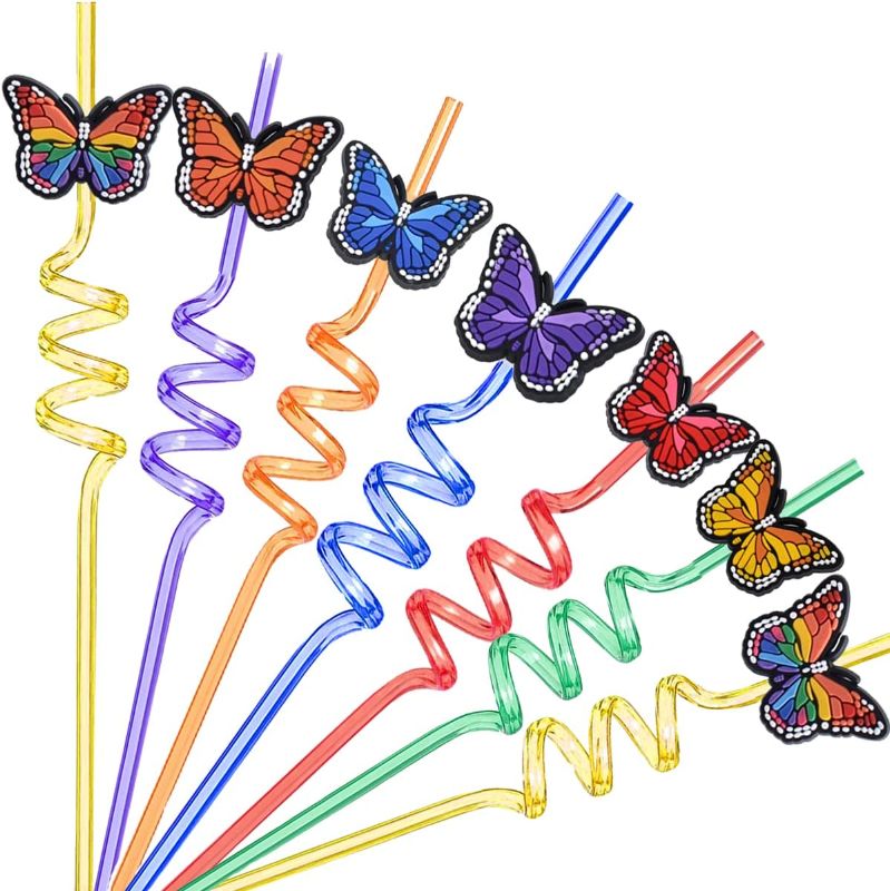 Photo 1 of 24 Butterfly Drinking Straws with 2 PCS Straws Cleaning Brush for Butterfly Birthday Party Supplies Favors Decorations
