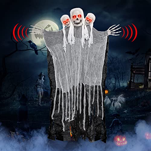 Photo 1 of 50” Halloween Hanging Grim Reaper Decorations Talking Three Heads Ghost Decoration Flash Light up Red Eyes Sound Activated Function for Halloween Ou
