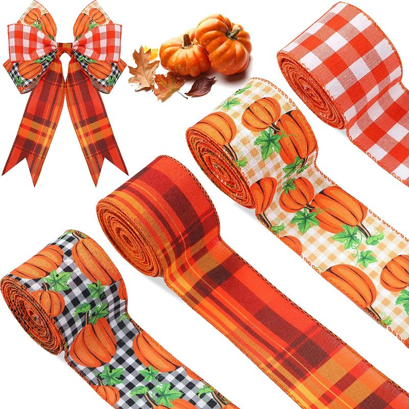 Photo 1 of 4 Rolls/ 20 Yards Autumn Pumpkins Plaid Wired Ribbons Pumpkin Edge Ribbon for Thanksgiving Check Pattern Ribbon for Autumn Fall Party Wreath Wrapping Floral Arrangement DIY Crafts, 4 Styles 