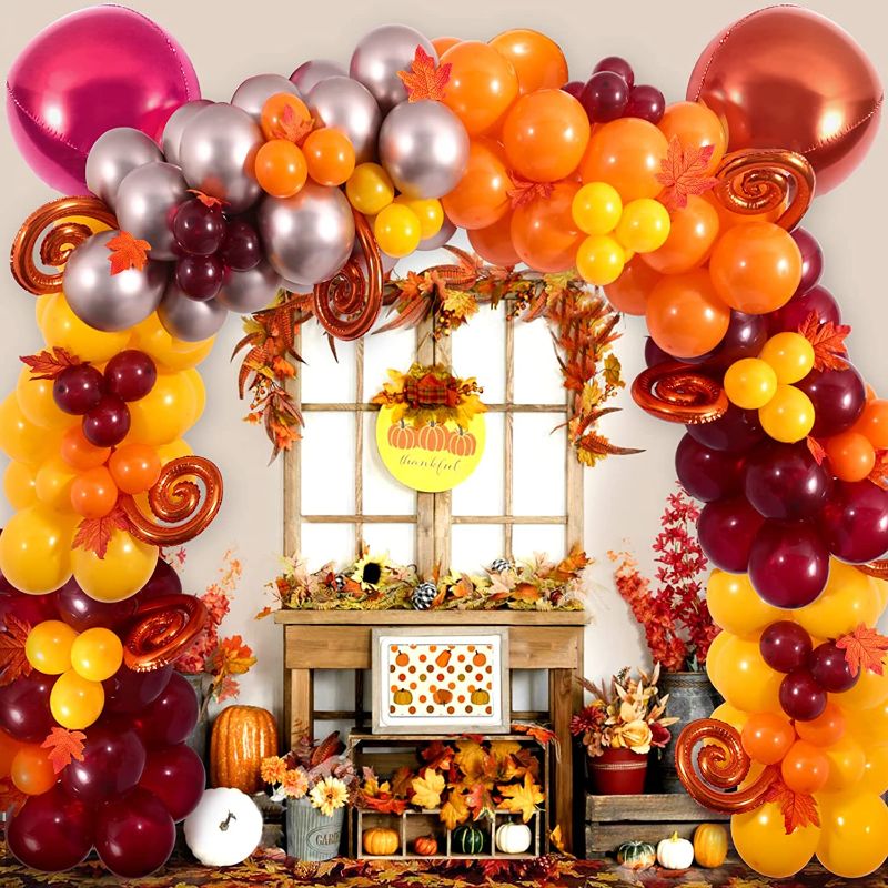 Photo 1 of 133Pcs Fall Balloon Garland Arch Kit Thanksgiving Decor Fall Baby Shower Bridal Shower Party Decorations with Artificial Autumn Maple Leaves Yellow Orange Burgundy Balloons Thanksgiving Party Decor 