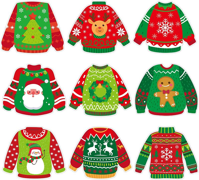 Photo 1 of 45 Pcs Ugly Sweater Cutouts 6'' Christmas Cut-Outs for Christmas Classroom Craft Bulletin Board Winter New Year Party Decoration, Double-Sided 