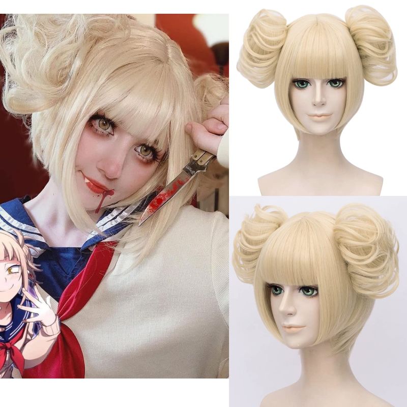 Photo 1 of FALAMKA Short Blonde Wig with 2 Detachable Buns Anime Cosplay Wigs Costume Halloween 