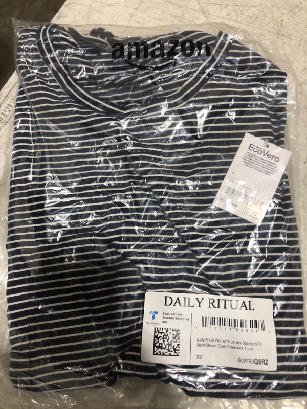 Photo 1 of Daily Ritual Women's Jersey Standard-Fit Short-Sleeve Open Crewneck Tunic Sustainably Sourced Rayon Blend Navy/White, Stripe X-Small