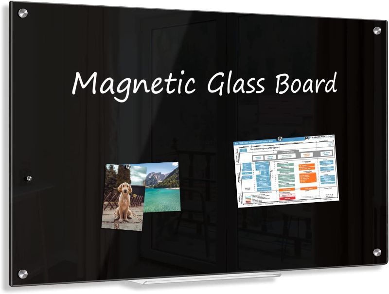 Photo 1 of AMUSIGHT Magnetic Dry Erase Glass Board, 36" x 24" ( 2' x 3' ) Frameless Wall Mounted Glass Board, Black
