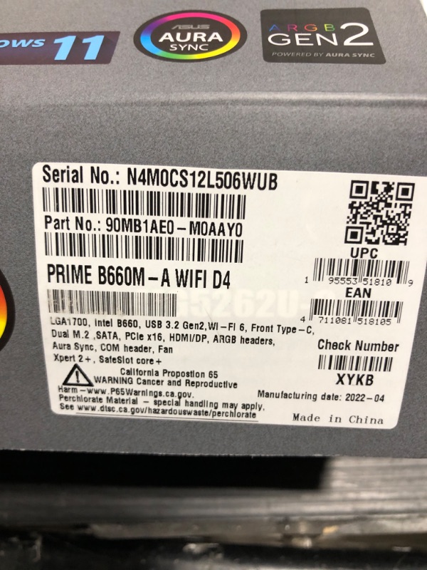 Photo 1 of ASUS Prime B660M-A WiFi D4 Intel LGA 1700 Micro ATX DDR4 Motherboard---SOLD AS IS 
