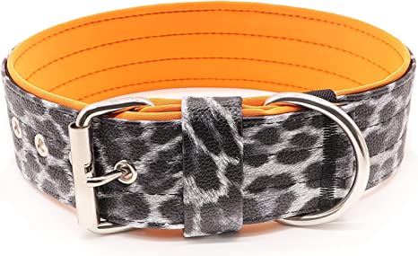 Photo 1 of 2.0" Combat Dog Collar, Fashion Leopard Leather, Stainless Steel D Loop and Eyelets, Soft Quick-Drying Neoprene Lining, Comfortable Adjustable Tactical Collar (M: 20-23", Grey Leopard Print)
