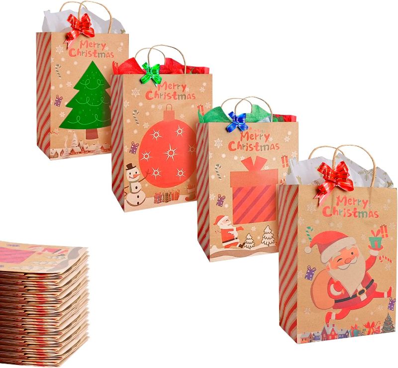 Photo 1 of 24 PCS Kraft paper Small size Christmas gift bags, With 48 Christmas Sheets of Wrapping Paper?24 Colorful Pull Bows Wrap Ribbon Pull Bowknots, 