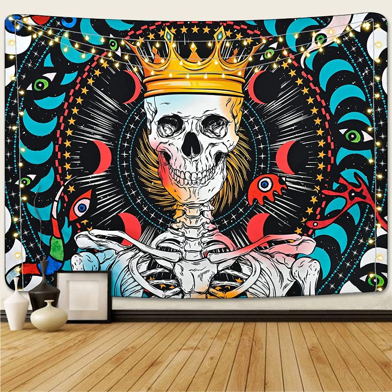 Photo 2 of  Skull Tapestry Trippy Moon and Stars Tapestry Colorful Human Skeleton Tapestry Abstract Eyes S