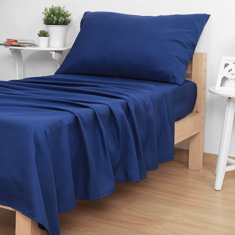 Photo 1 of  3-Piece Brushed Microfiber Toddler Sheet Set for Boys Girls, Solid Baby Bedding Sheet & Pillowcase Sets Includes Flat Sheet, Fitted Bed Sheet and Envelope Pillowcase, Navy Blue 