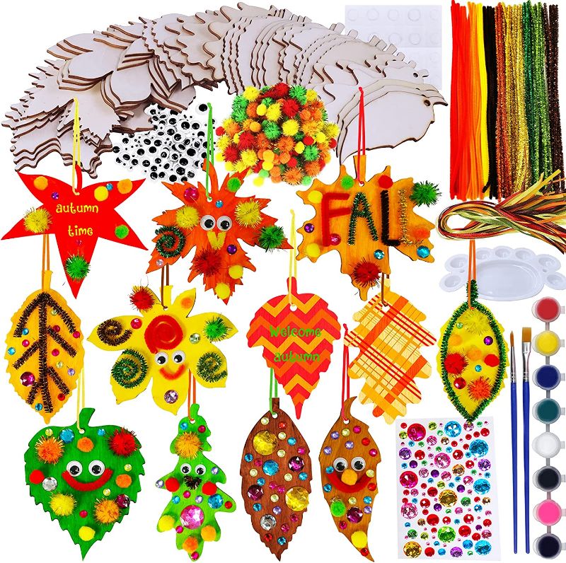 Photo 1 of  36 Sets Hanging Fall Leaves Wooden Ornaments Craft Kits Paintable Unfinished Wood Maple Oak Leaf Cutouts Pom-Poms Googly Eyes for Kids Classroom Autumn Thanksgiving Halloween Party Decorations