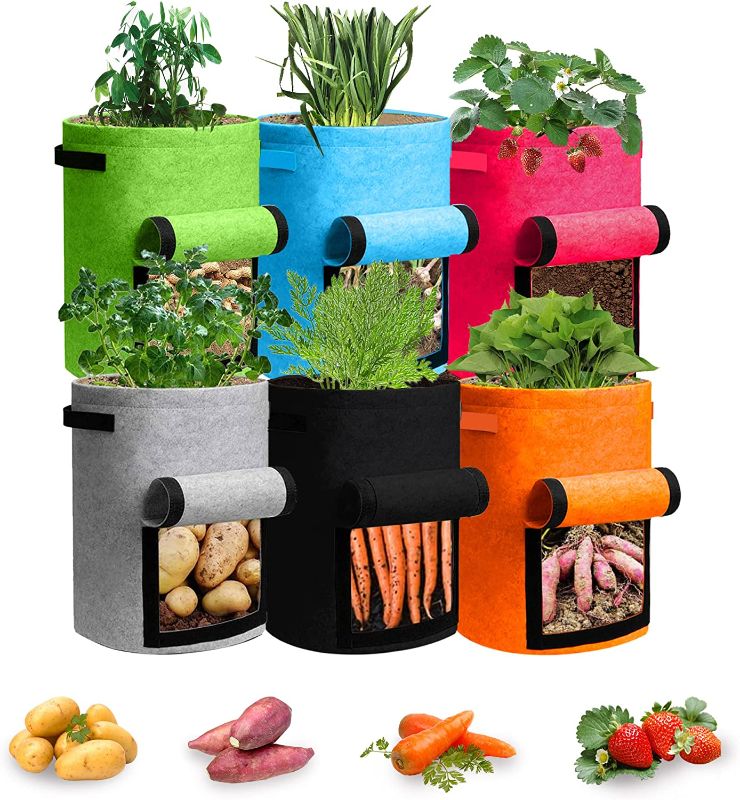 Photo 1 of  6 Pack 10 Gallon Potato Grow Bags with Flap Window,Planter Pot with Handles and Harvest Window Suitable for Planting 
