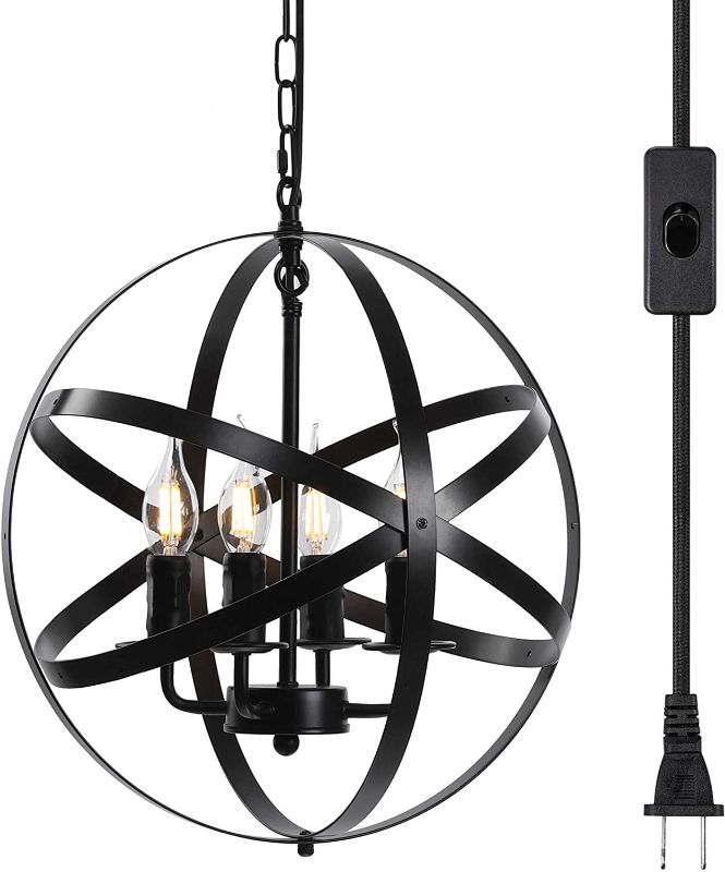 Photo 1 of  4-Light Plug in Farmhouse Chandeliers, Rustic Industrial Light Fixture with Spherical Shade, Black Pendant Lighting with 16.8 Ft Cord for Dining Room, Kitchen Island, Foyer 