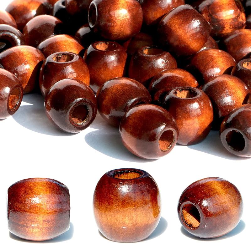 Photo 1 of 200PCS Brown Large Wood Barrel Beads for Making Curtain Craft Hair Beads 17mm*16mm Large Hole 7mm 