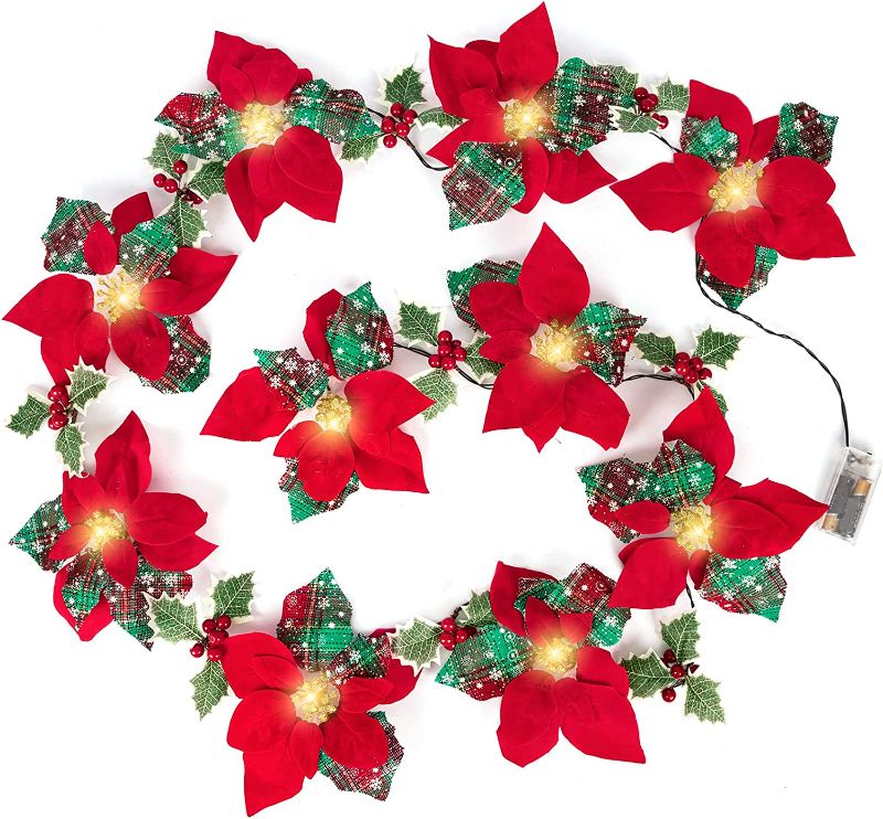 Photo 1 of  8.33 FT Artificial Flowers Red Poinsettia Garland with Red Berries Holly Leaves for Fireplace Indoor Outdoor Party Holiday Front Door Wreath Decor