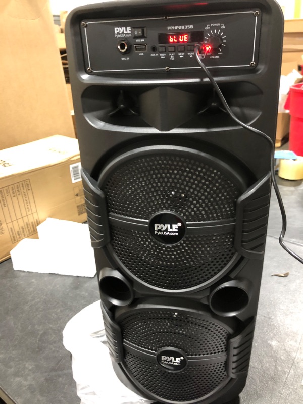 Photo 2 of Pyle Portable Bluetooth PA Speaker System - 600W Rechargeable Outdoor Bluetooth Speaker Portable PA System w/ Dual 8” Subwoofer 1” Tweeter, Microphone In, Party Lights, USB, Radio, Remote - PPHP2835B