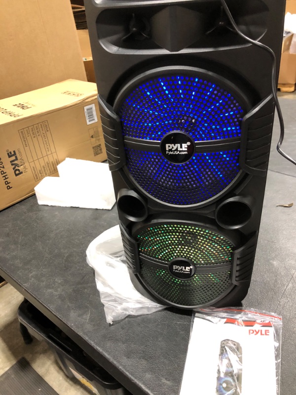 Photo 3 of Pyle Portable Bluetooth PA Speaker System - 600W Rechargeable Outdoor Bluetooth Speaker Portable PA System w/ Dual 8” Subwoofer 1” Tweeter, Microphone In, Party Lights, USB, Radio, Remote - PPHP2835B